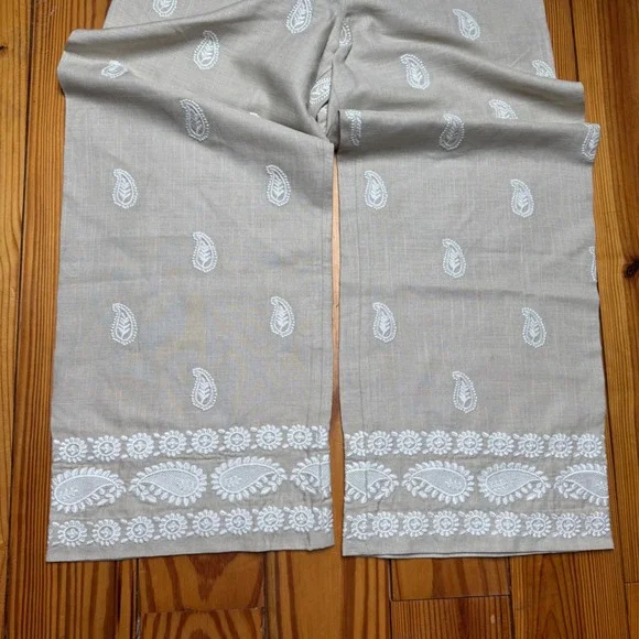 NWT Elie Tahari Linen Pants Womens Size 8 Tan Embroidered Paisley Boho Wide Leg - Picture 7 of 7